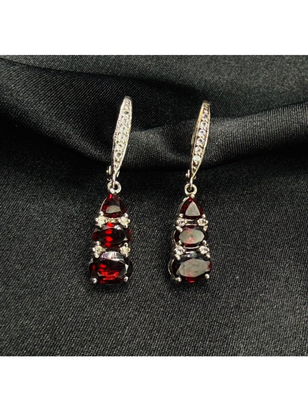 925 FAS Sterling Silver Garnet Dangle Earrings With CZ Accents